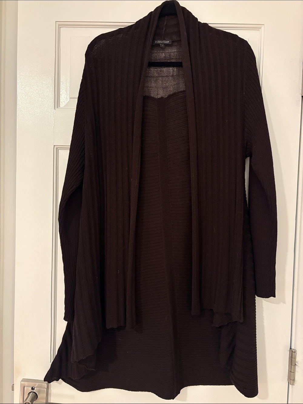 Eileen Fisher 100% Wool Ribbed Draped Open-Front Cardigan in Deep Brown